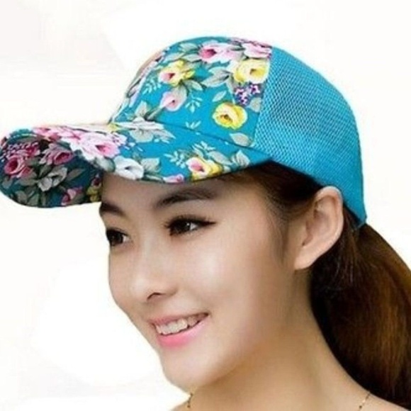 Accessories - Baseball Snapback Cap Teal Blue Floral Print Embroidery Hip Hop Streetwear OS‎